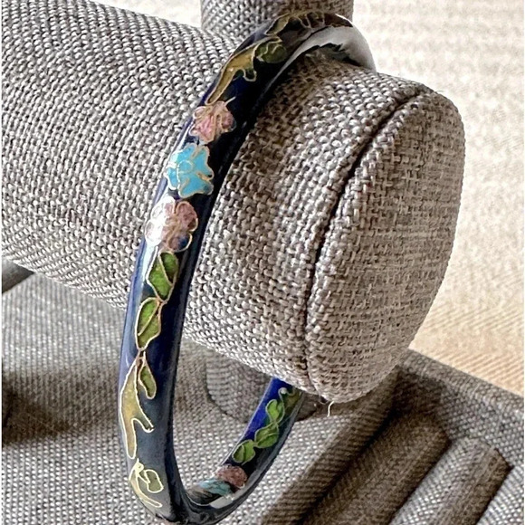 Vintage Jewelry - Vintage Cloisonné Navy Blue Bangle Bracelet Pastel Blue, Pink, Green & Gold